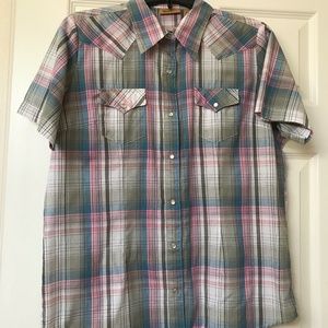 Wrangler western blouse. Size M, retro plaid blue, pink, olive, and white.